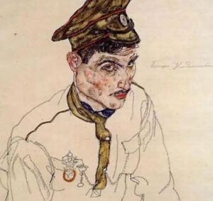Painting of a Russian war prisoner by Egon Schiele in 1916, depicting a gaunt man seated against a bare background