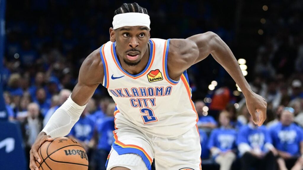 Shai Gilgeous-Alexander in Thunder uniform leading the team to a dominant 2025 season, embodying MVP aura and leadership