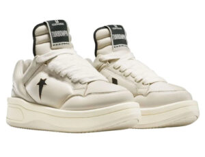 Converse x Rick Owens DRKSHDW TURBOWPN Low Pelican sneaker with oversized silhouette and minimalist bone-toned colorway
