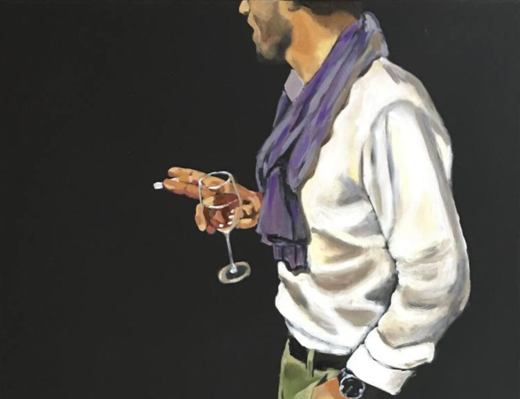 Yuna Bert's painting "Men Talk II" depicting two men in conversation, rendered in oil on canvas with muted tones