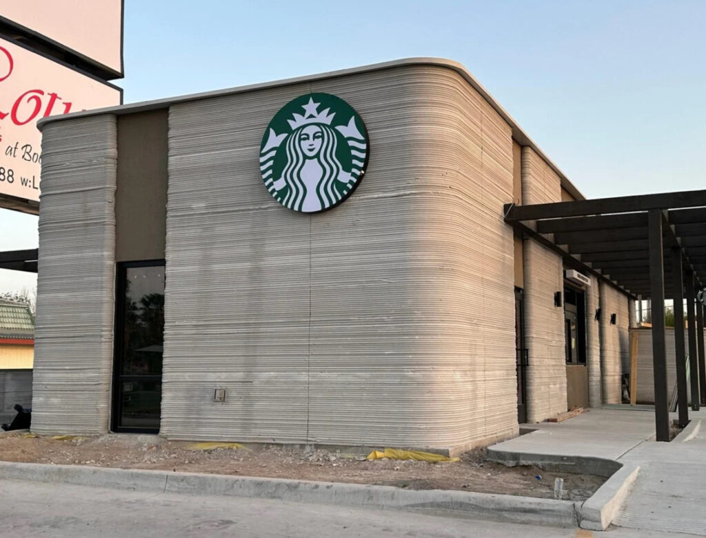 Starbucks first 3D-printed coffee shop built by Peri 3D Construction in Brownsville, Texas featuring concrete layered walls