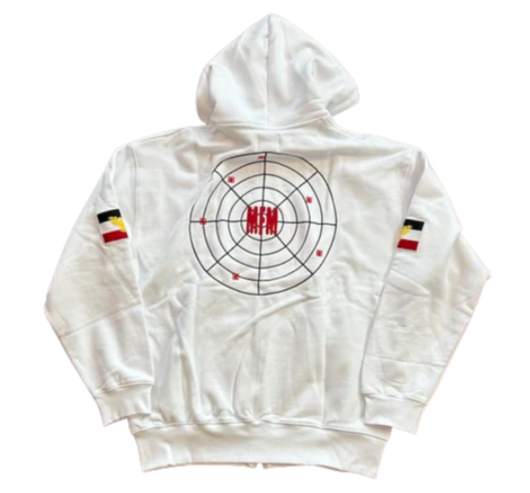 MURD333R.FM PEACEMAKER white zip-up hoodie showcasing minimalist design and streetwear’s new quiet rebellion aesthetic