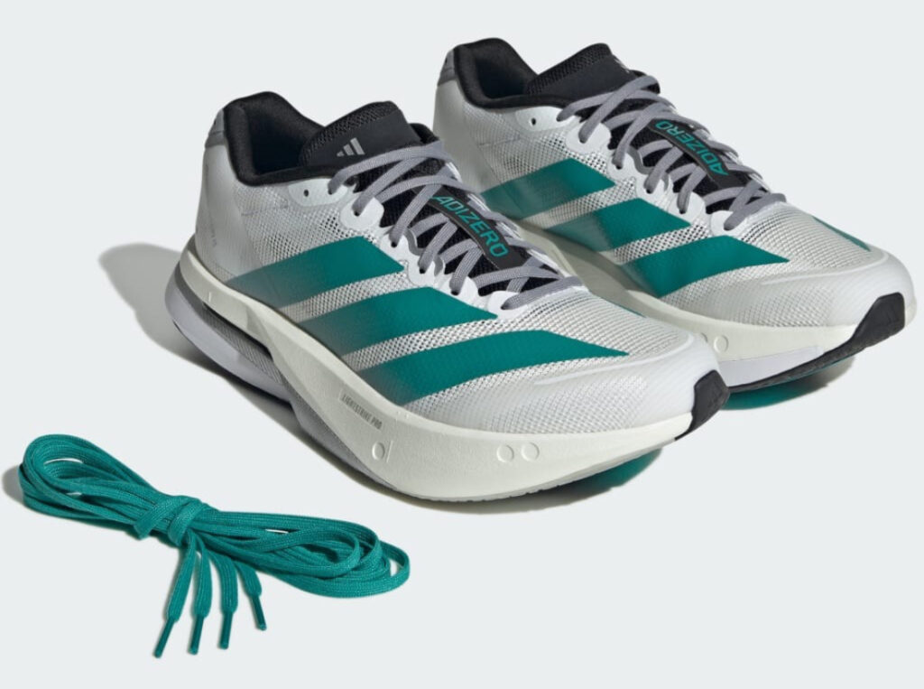 Side view of the adidas Adizero Boston 13 running shoe featuring lightweight mesh upper and performance-focused sole design