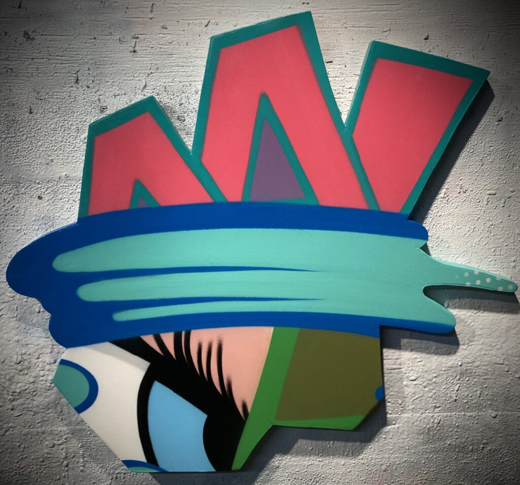 CRASH’s 2021 artwork Untitled (Hot Pink Letters) featuring bold graffiti-style lettering on a vibrant shaped canvas