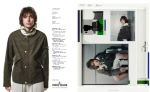 Gene Gallagher wearing Stone Island Tela Resinata jacket in block color styling