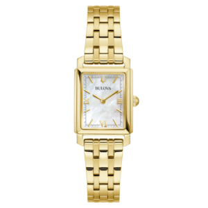 Bulova Sutton Women’s Watch 97L177 featuring a gold-tone stainless steel case, silver-white dial, and Roman numeral markers