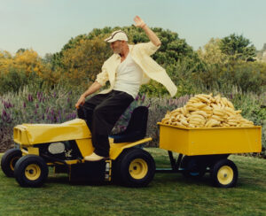 Jon Gries wearing Jacquemus banana costume and pastel tailoring in Los Angeles for “Going Bananas for Jon” campaign