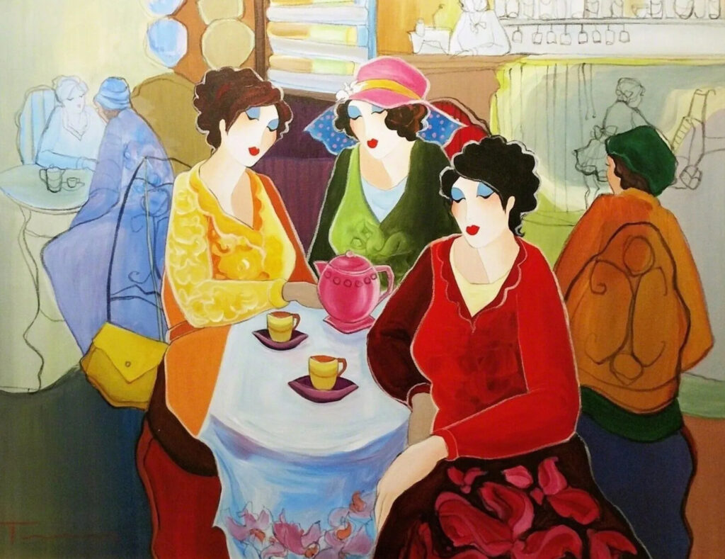 Acrylic painting by Itzchak Tarkay featuring elegantly dressed women in a stylized interior, composed in bold, vivid hues