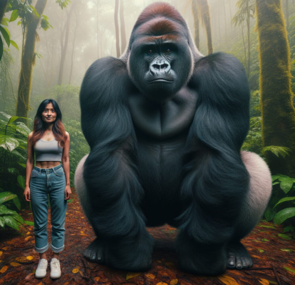 Illustration comparing the size and strength of a silverback gorilla to a human in the context of a fictional combat scenario