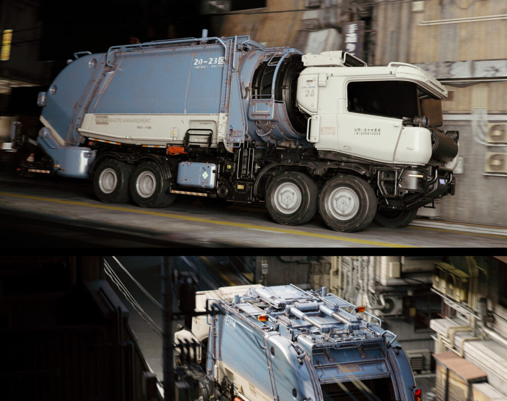 TWM-Vector smart waste management vehicle operating in a Tokyo megablock district with eco-efficient design and LED display