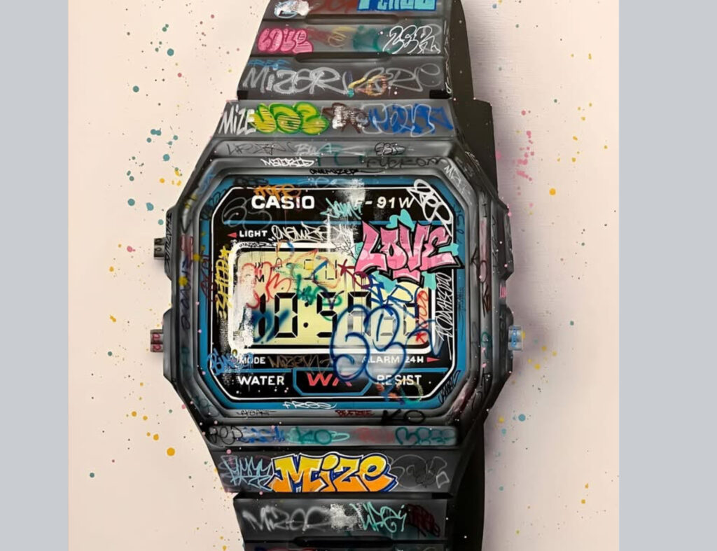 A Casio digital watch covered in colorful graffiti tags, drips, and street art, symbolizing urban culture and time disruption