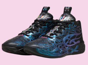 LaMelo Ball wearing the PUMA MB.04 “Reflections” sneaker, featuring chrome overlays and futuristic mesh panel detailing