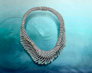 Tiffany & Co. Sea of Wonder 2025 Blue Book necklace featuring blue tourmalines, emeralds, and intricate oceanic design