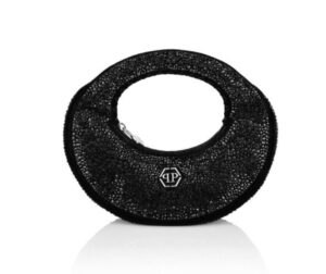 Close-up of a suede mini handle bag adorned with strass crystals, featuring a structured form and short top handle