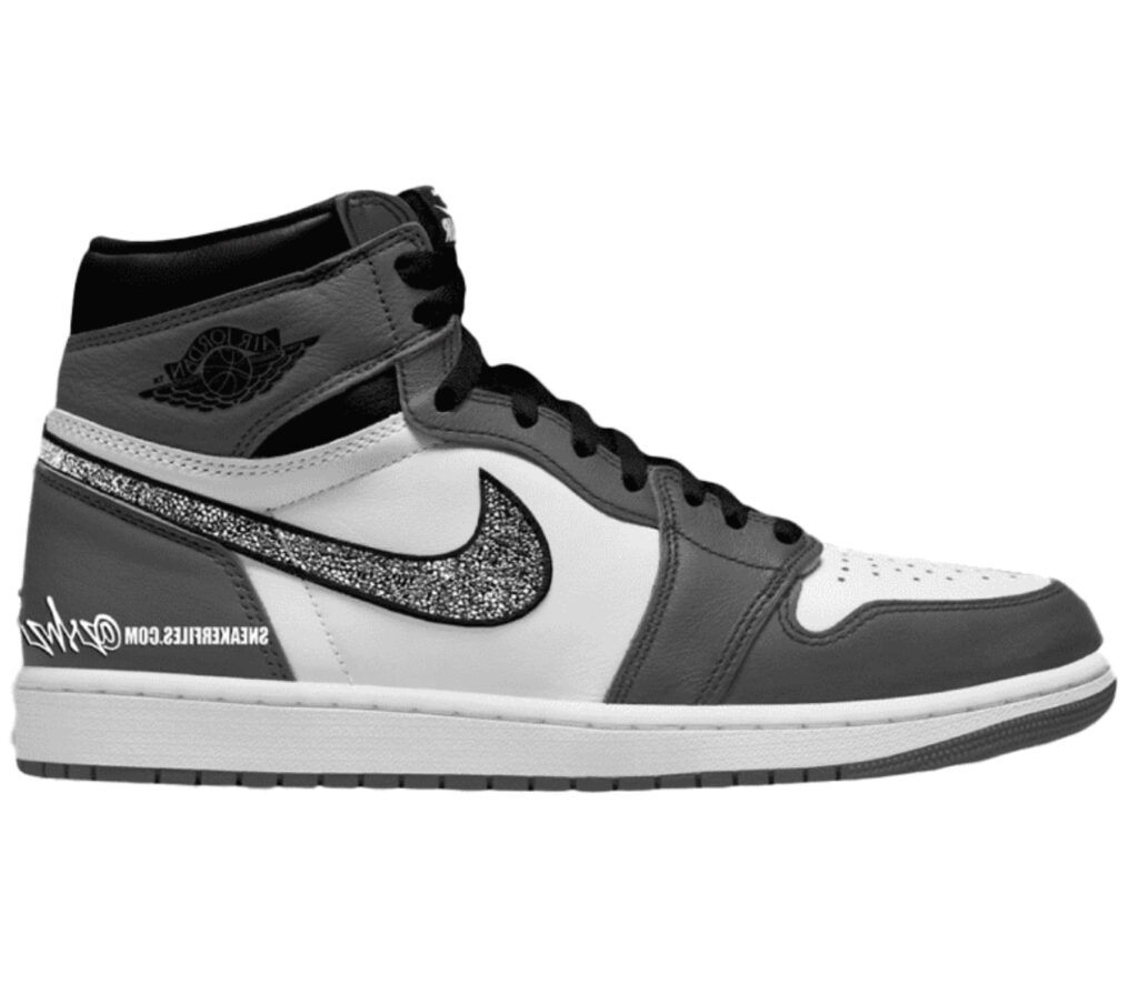 Close-up of the Nike x Swarovski Air Jordan 1 sneaker featuring crystal embellishments on a classic Jordan silhouette