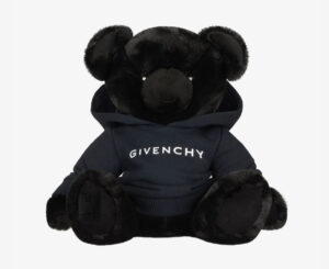 Givenchy faux fur teddy bear in black, haute collectible plush toy with embroidered logo on chest