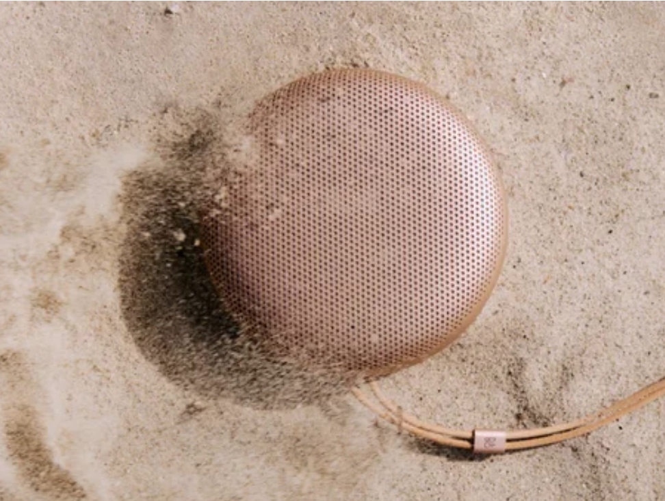 Bang & Olufsen Beosound A1 3rd Gen portable speaker in eucalyptus green with leather strap and aluminum finish