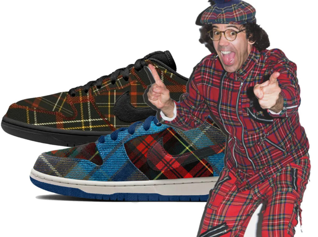 Speculative mock-up of the rumored Nardwuar x Nike SB Dunk Low featuring a multi-color plaid pattern and black accents
