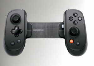 Backbone Pro controller attached to a smartphone, showing ergonomic design, thumbsticks, and customizable faceplates