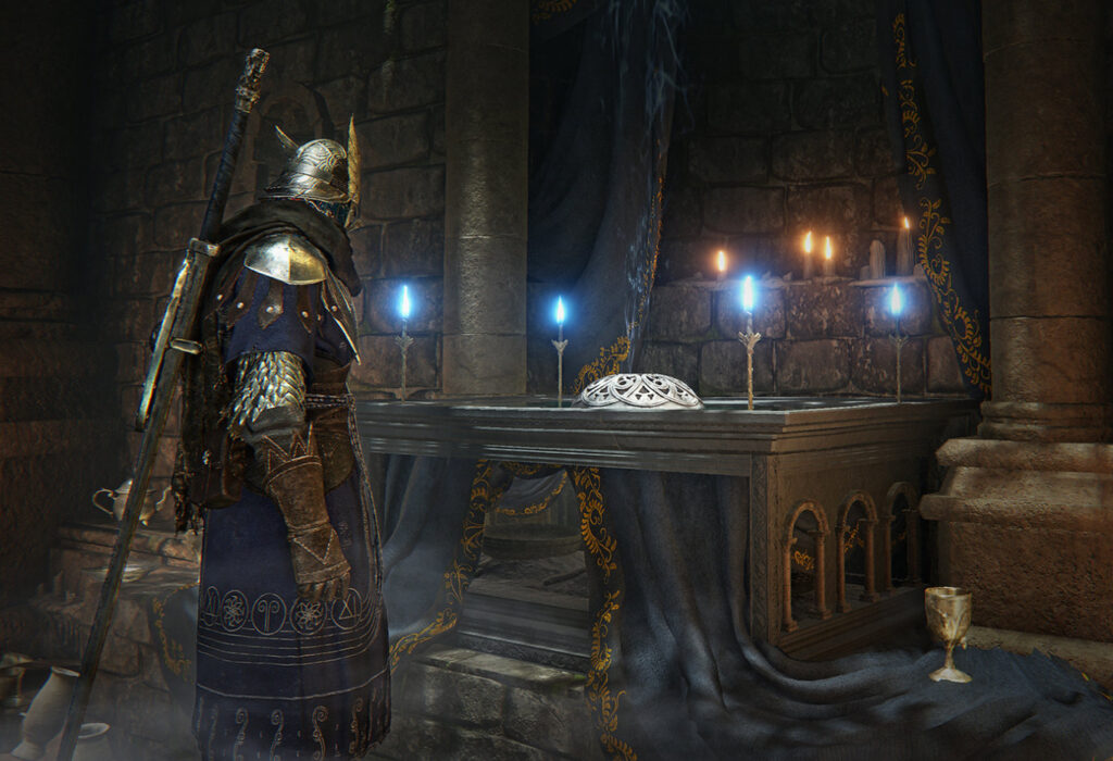 A player character from Elden Ring: Nightreign prepares for battle in a background , reimagined open-world environment