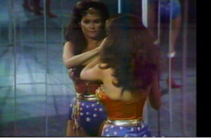 Still from Dara Birnbaum’s Technology/Transformation: Wonder Woman, featuring Lynda Carter in looped transformation