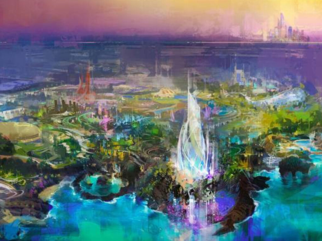 Rendering of a Disney castle in a desert landscape with palm trees and minarets in the distance