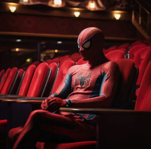 Illustration of Spider-Man on stage in an experimental theatrical set, with modular lighting and abstract projections