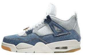 Nike Air Jordan 4 Denim Worn Blue shoes in faded denim with translucent eyelets and off-white sole