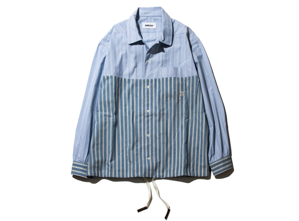 AMBUSH® striped shirt with drawcord hem and asymmetrical design displayed against a neutral background