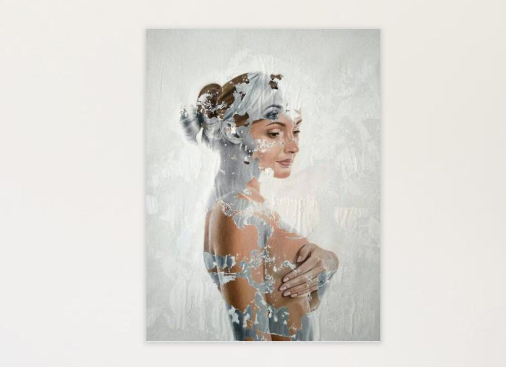 Acrylic painting of a woman by Raúl Lara with textured white overlays revealing fragmented layers of realism and abstraction