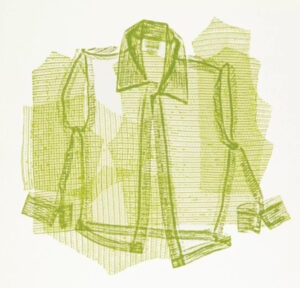 Jean Shin’s Pressed Blouse — a collagraph made from a worn blouse, capturing its ghostly texture in quiet monochrome