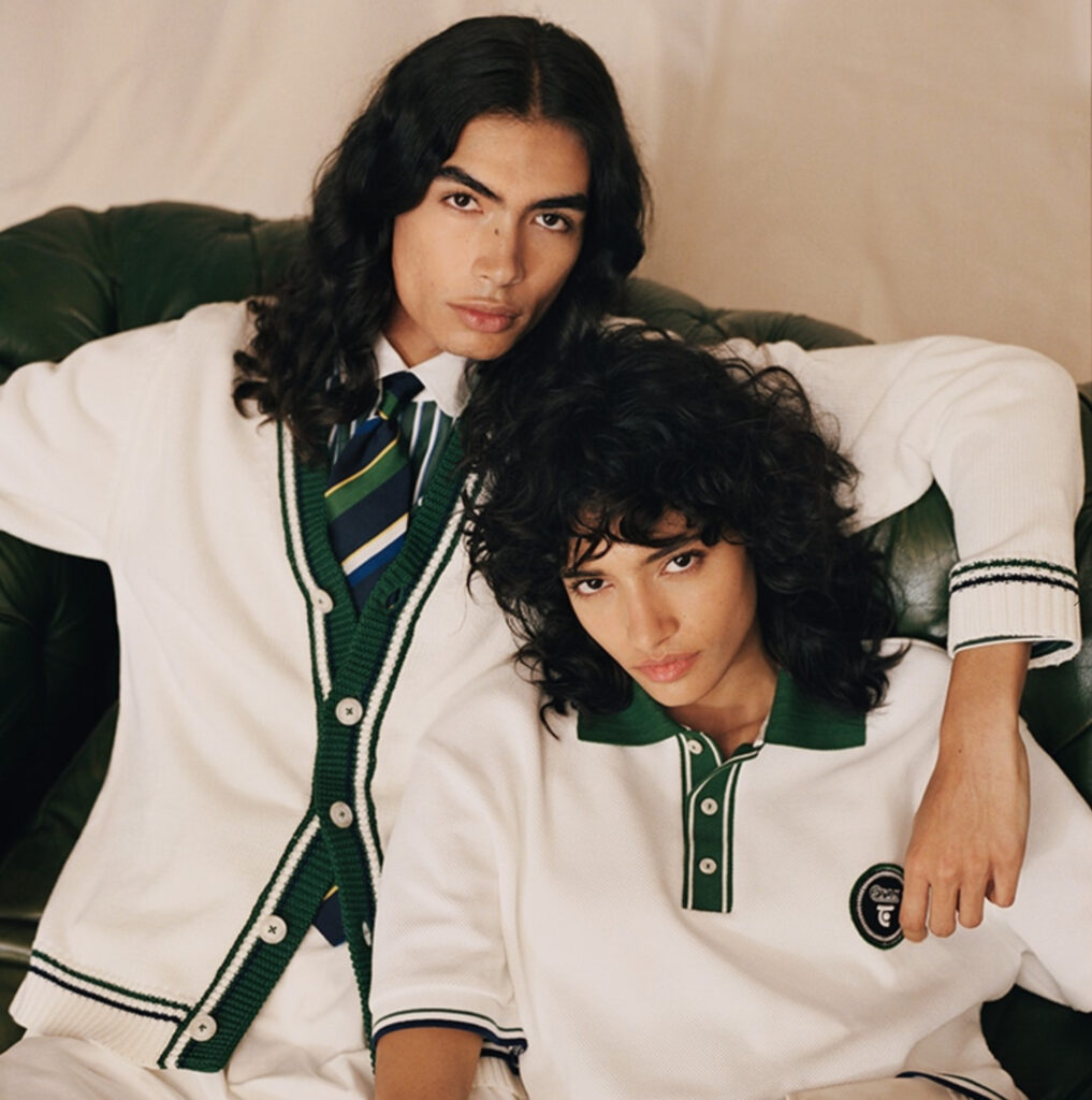 Models wearing Eton x Tretorn SS25 capsule: striped shirts, varsity knits, and tailored shorts in tennis whites