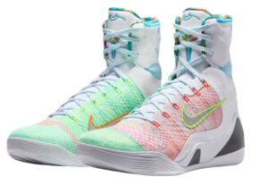 Multicolor Nike Kobe 9 Elite Protro “What The” sneaker with Flyknit upper, mismatched design, and carbon fiber support