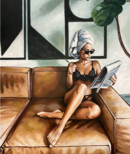 Oil painting Crosswords Queen by Thomas Saliot depicting a woman focused on a crossword puzzle in natural light
