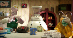 Mechanical breakfast machine flinging jam through the air onto toast in midair, inspired by Wallace & Gromit inventions