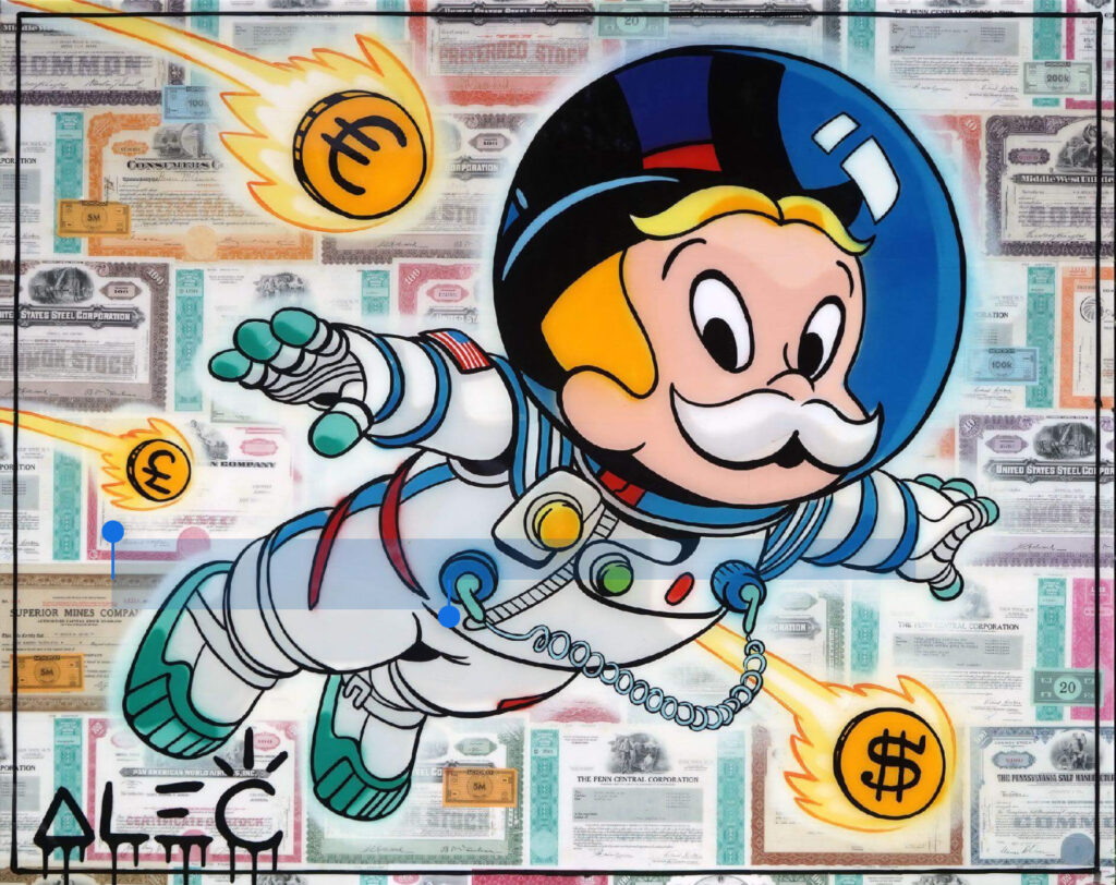 Alec Monopoly’s mixed media painting of Richie Rich in a chrome astronaut suit flying through a crypto-themed pop art galaxy