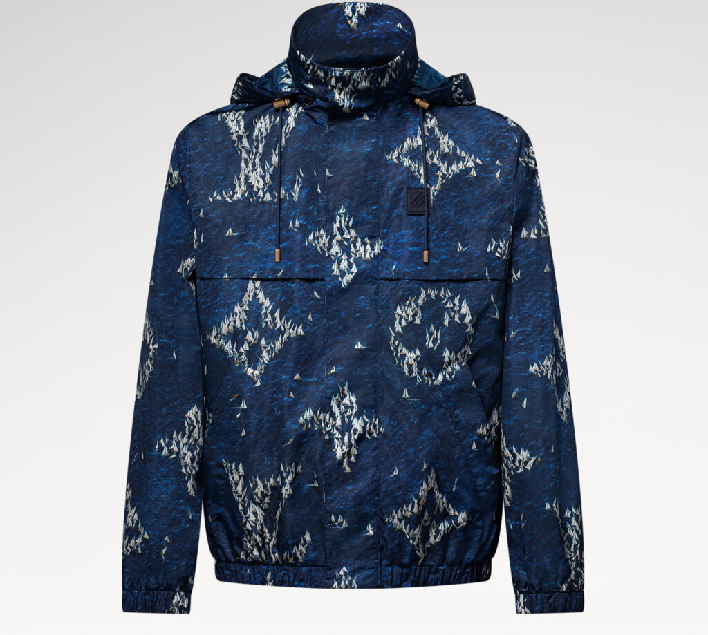 Louis Vuitton 1AHV29 windbreaker featuring tonal printed monogram pattern on lightweight nylon with minimalist construction