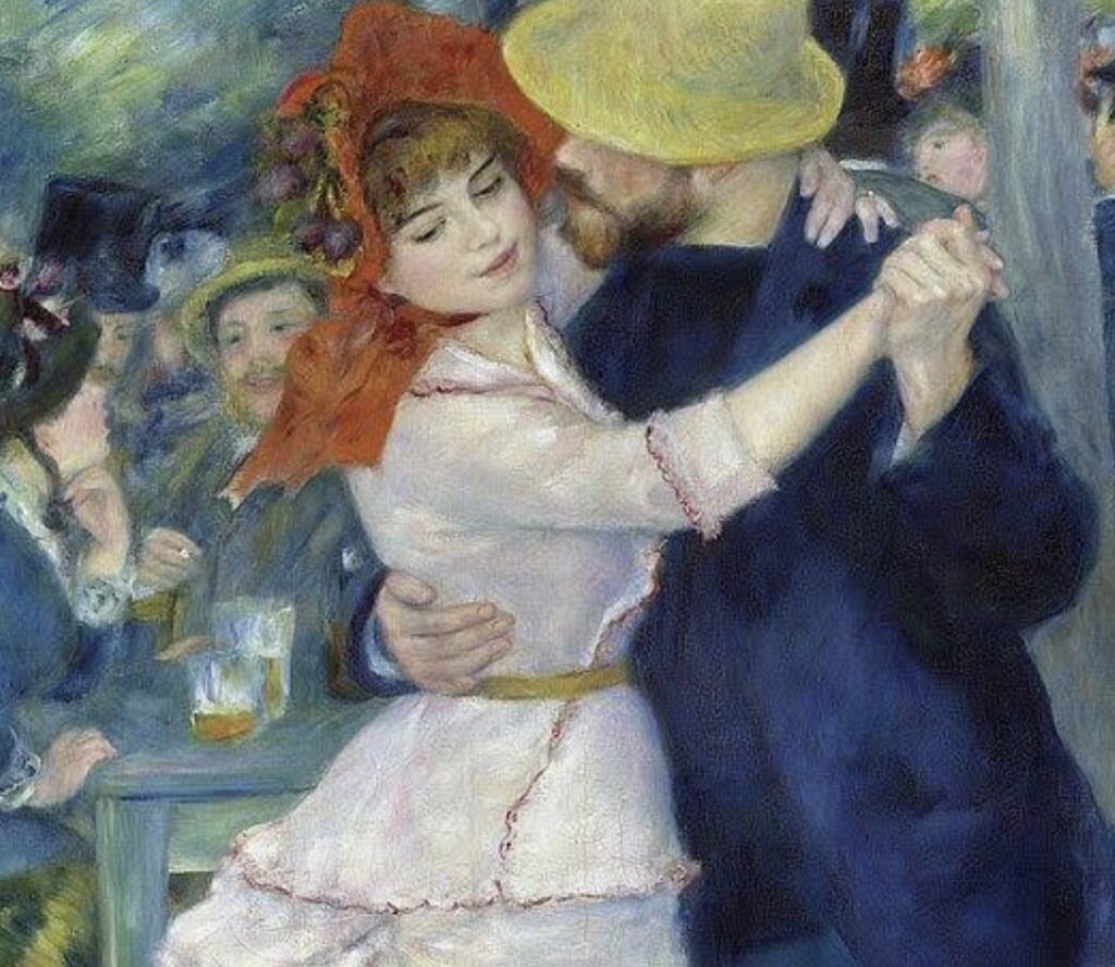 Auguste Renoir’s Dance at Bougival painting showing a couple dancing closely in vibrant attire at a lively 19th-century French café