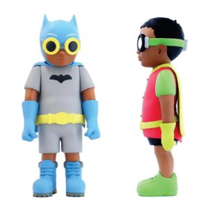Vinyl sculpture of Hebru Brantley’s Flynamic Duo 66’ featuring Flyboy and Lil Mama in superhero-inspired poses