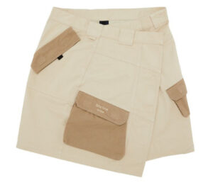 Martine Rose beige wrap cargo skirt with oversized pockets and adjustable waist, displayed against a neutral backdrop