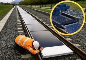 Removable solar panels installed between railway tracks in Switzerland, showcasing innovative renewable energy technology