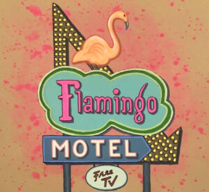 Rachel Paxton’s Flamingo Motel, Dusk painting depicting a quiet roadside motel at sunset in acrylic on wood