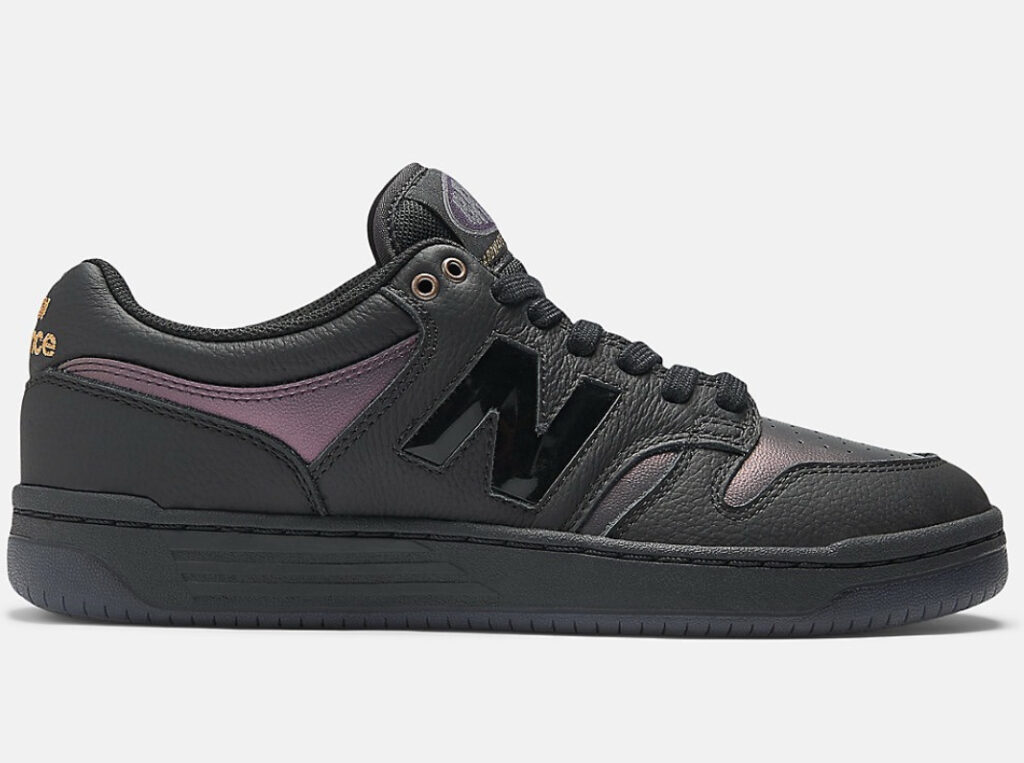 Bronze 56K x New Balance Numeric 480 skate shoe in beige suede with teal accents against pixelated computer interface