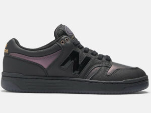 Bronze 56K x New Balance Numeric 480 skate shoe in beige suede with teal accents against pixelated computer interface