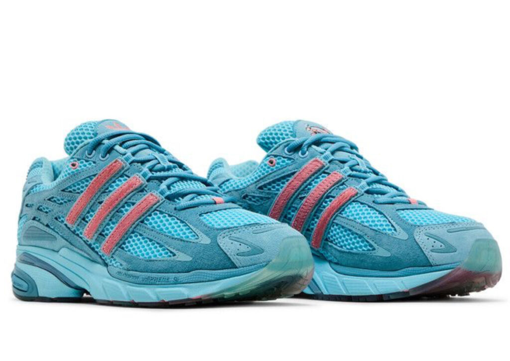 Side view of Unheardof x adidas Adistar Cushion 3 “Pork Chop” shoes with meat-inspired textures and pink tones