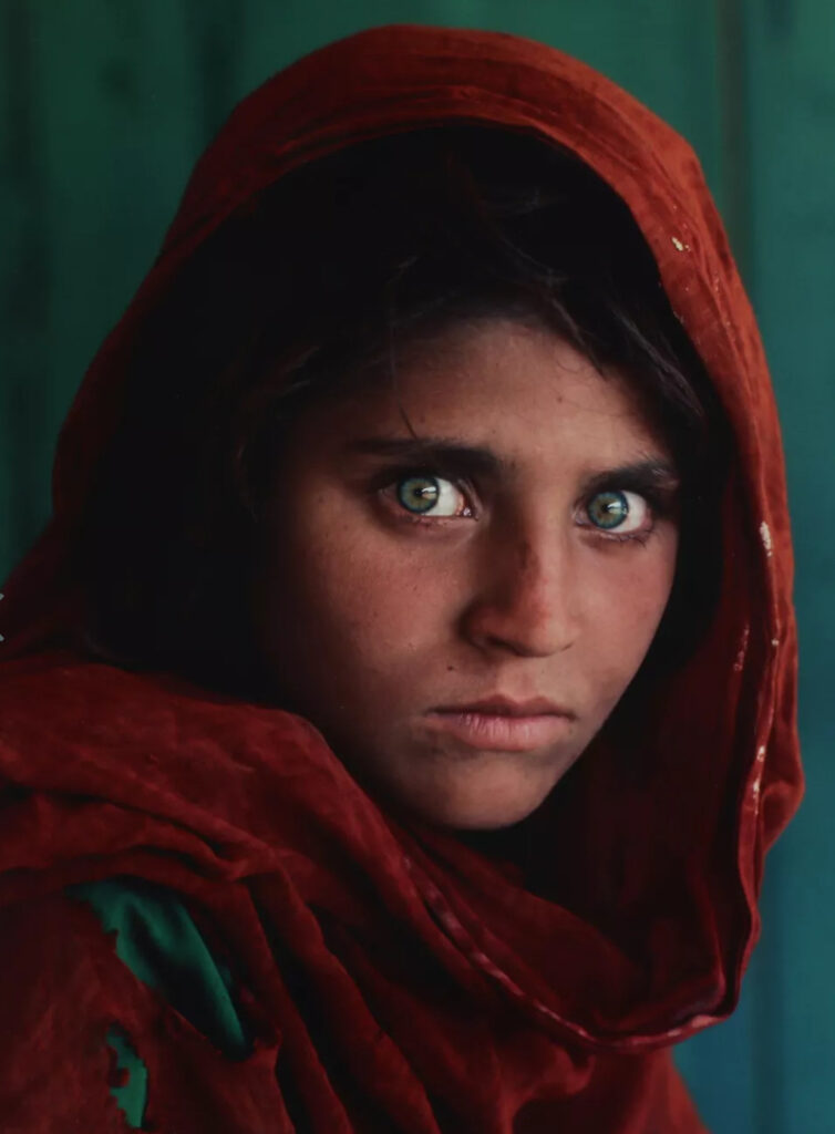 Portrait of Sharbat Gula, known as the Afghan Girl, photographed by Steve McCurry in 1984 at a refugee camp in Peshawar