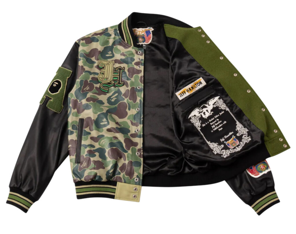 Jeff Hamilton x BAPE Full Leather Jacket displayed front-facing, covered in patches, logos, and vivid colorblocking