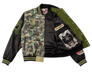 Jeff Hamilton x BAPE Full Leather Jacket displayed front-facing, covered in patches, logos, and vivid colorblocking