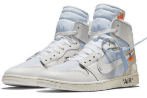 Nike Off-White Air Jordan 1 in Coded Bone colorway, featuring translucent Swoosh and reflective text details