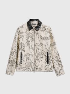 John Varvatos Cordova Jacket in twine color with leather collar, wool blend body, gunmetal zipper, and metal snap pockets